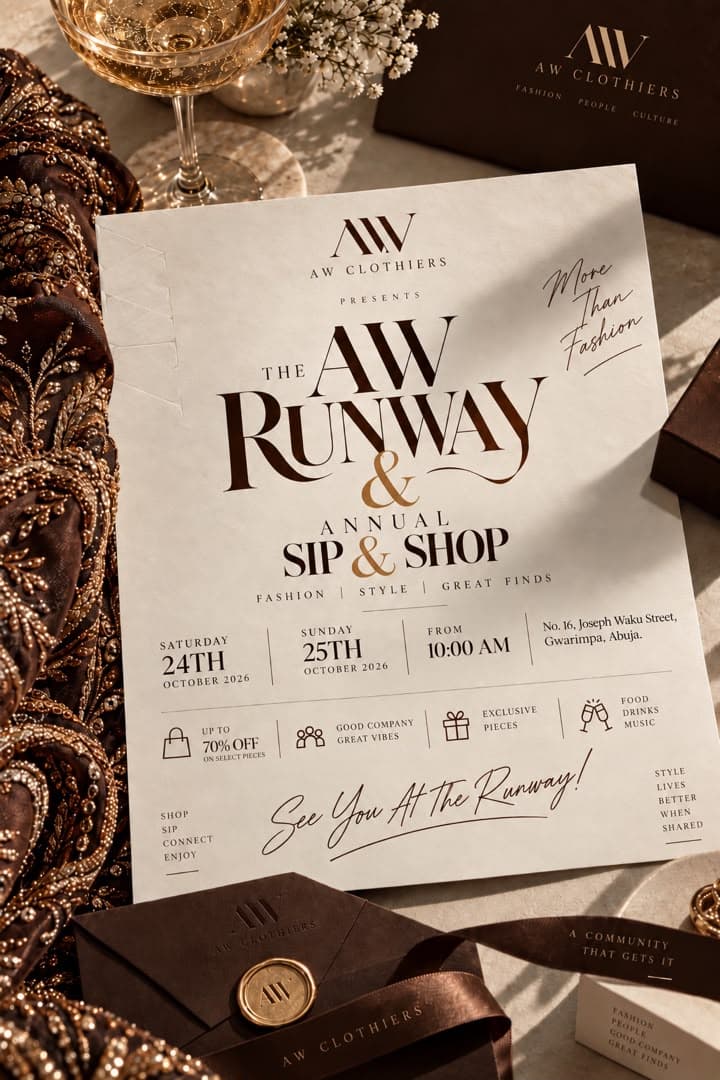 Official event invitation, showing dates, location and AW Clothiers branding