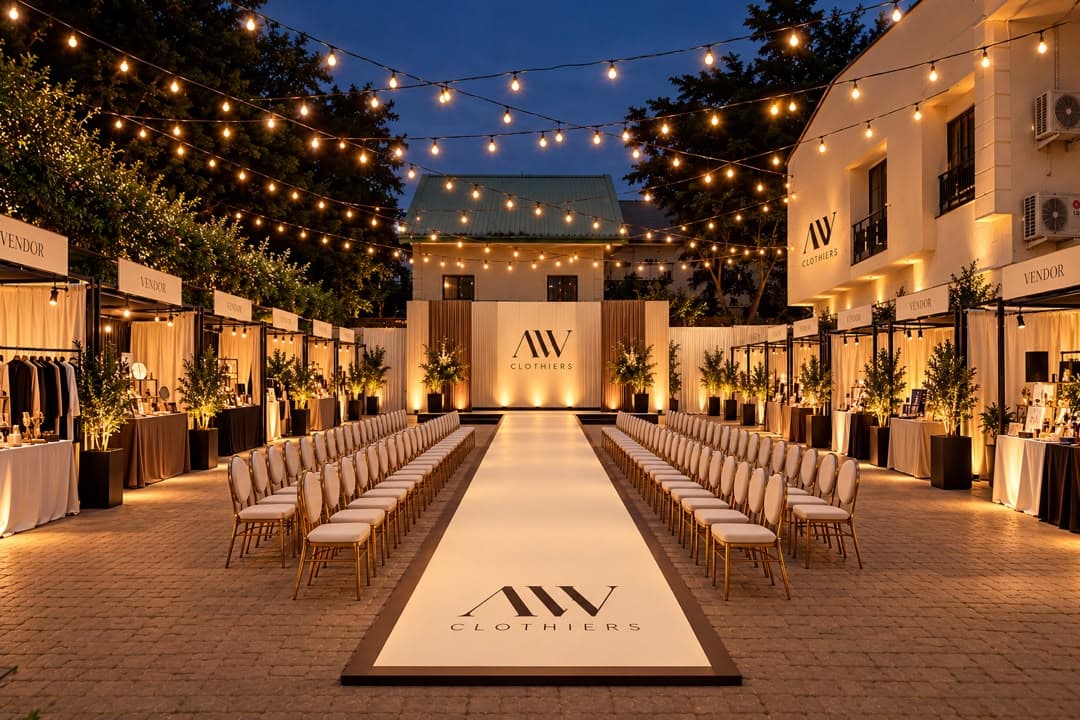 Official campaign scene of an AW-branded runway under warm courtyard lights